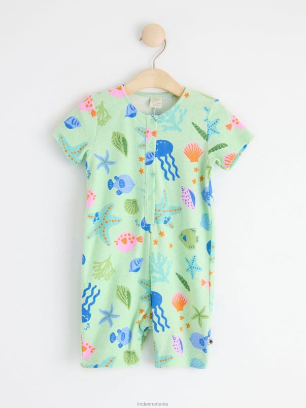 îmbrăcăminte VHZ2F4297 salopetă terry cu imprimeu de animale de mare bebelus verde deschis Lindex