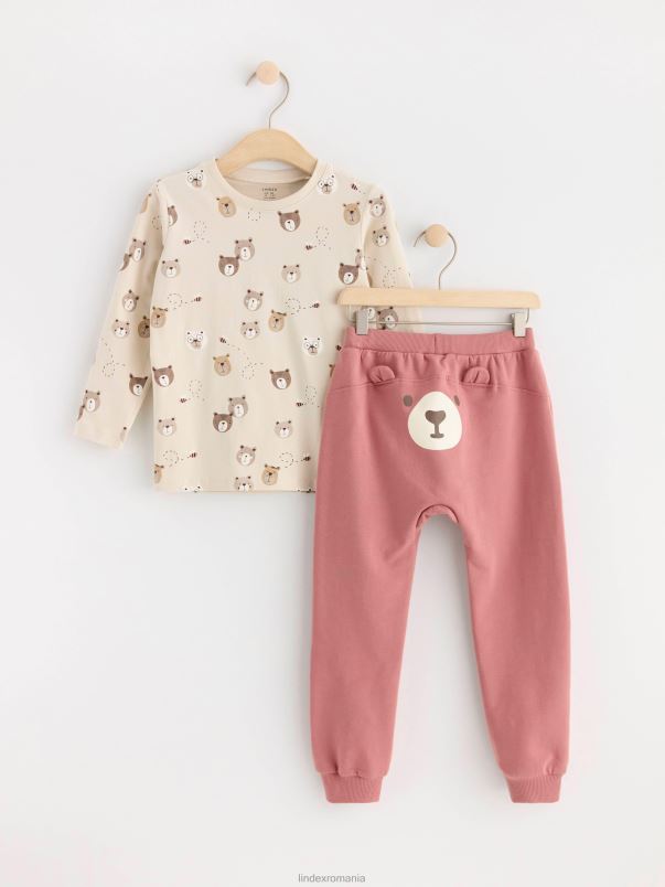 îmbrăcăminte VHZ2F3954 set cu top cu maneca lunga si pantaloni bebelus bej deschis Lindex