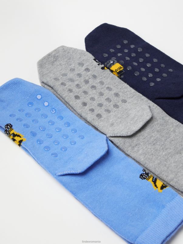 accesorii VHZ2F3597 Pachet de 3 șosete cu antiderapante și vehicule de construcție copii albastru prăfuit Lindex