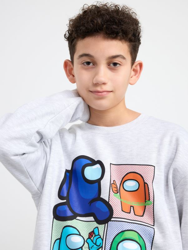 îmbrăcăminte VHZ2F3459 hanorac cu imprimeu printre noi și periat în interior copii melange gri deschis Lindex