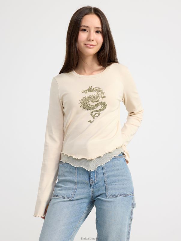 îmbrăcăminte VHZ2F2746 top cu maneca lunga cu imprimeu si plasa copii bej deschis Lindex