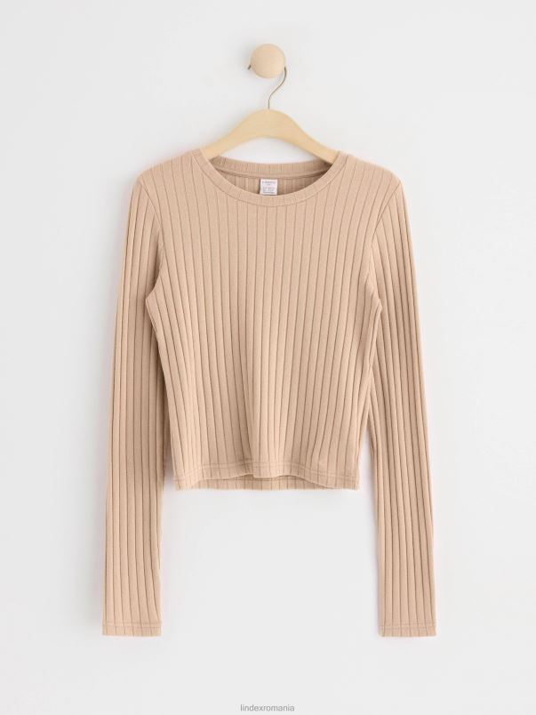 îmbrăcăminte VHZ2F2938 top cu mânecă lungă cu nervuri copii bej Lindex
