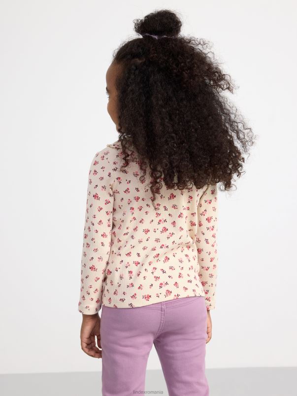 îmbrăcăminte VHZ2F2735 top cu coaste cu flori și guler cu volan copii bej deschis Lindex