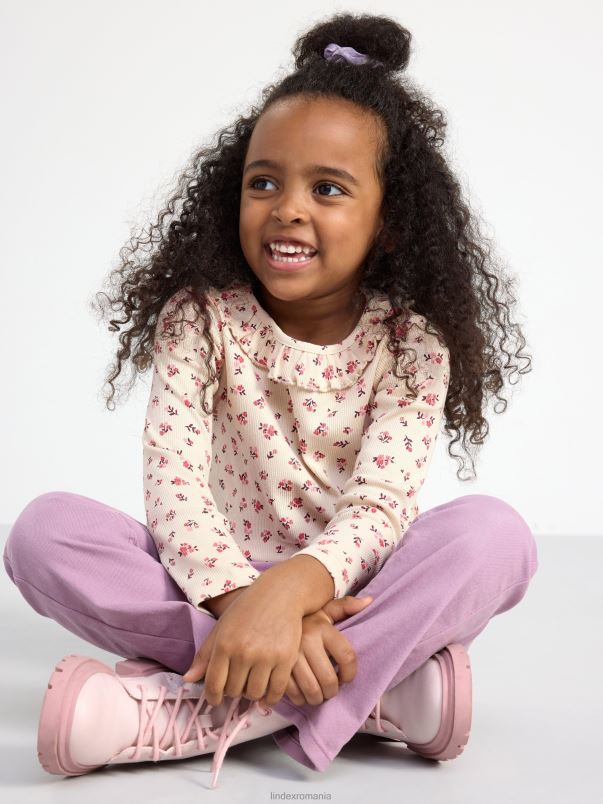 îmbrăcăminte VHZ2F2735 top cu coaste cu flori și guler cu volan copii bej deschis Lindex