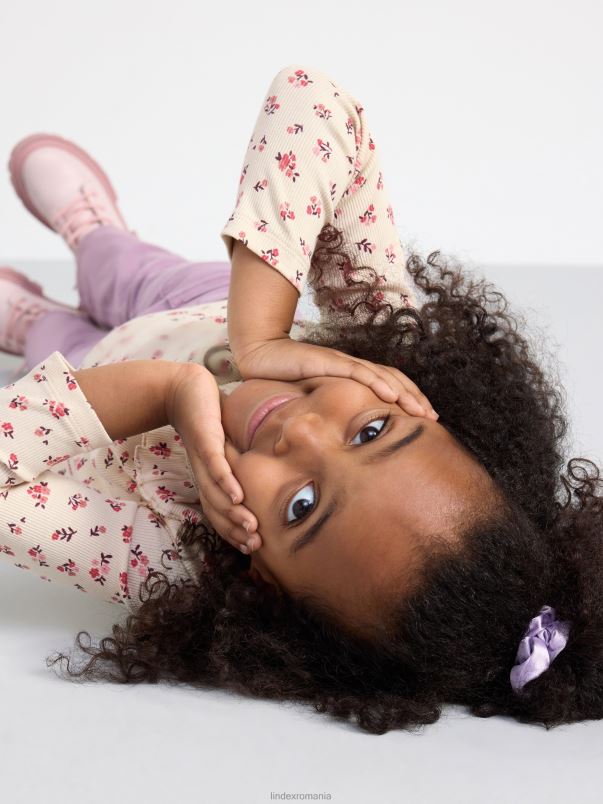 îmbrăcăminte VHZ2F2735 top cu coaste cu flori și guler cu volan copii bej deschis Lindex