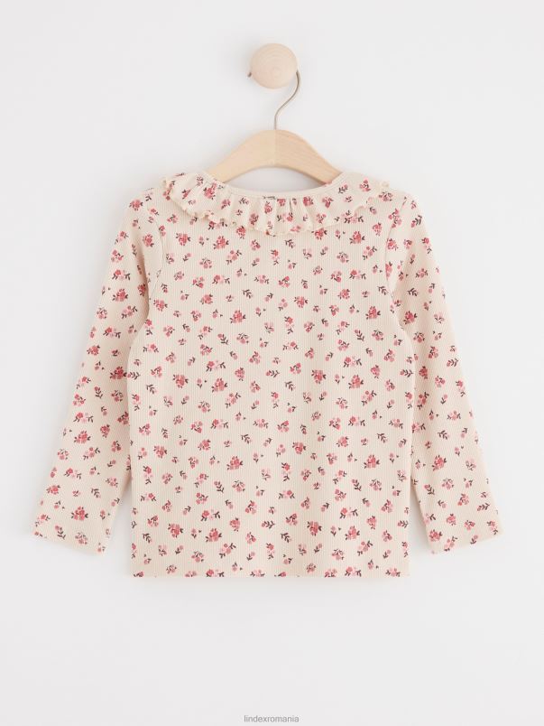îmbrăcăminte VHZ2F2735 top cu coaste cu flori și guler cu volan copii bej deschis Lindex