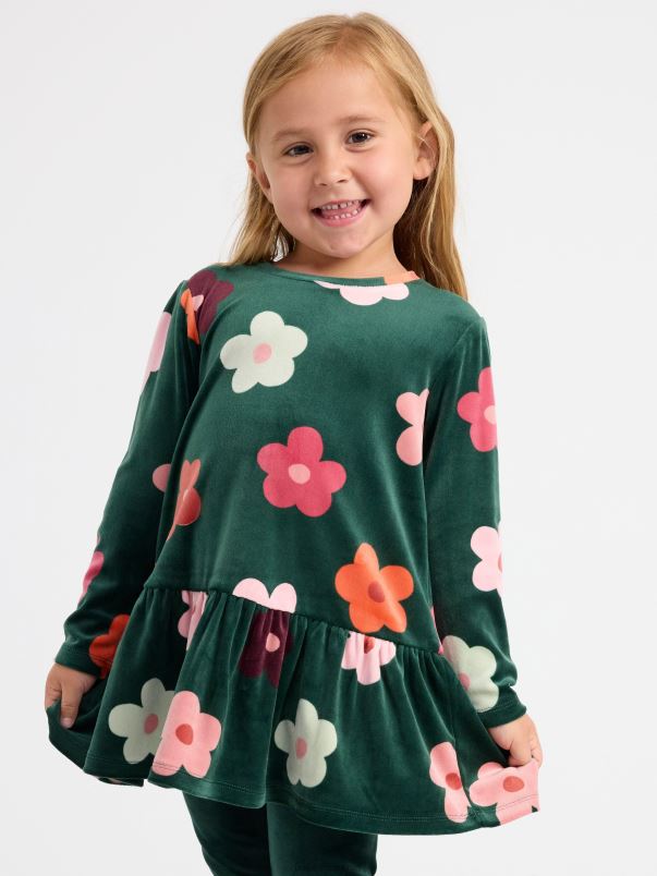 îmbrăcăminte VHZ2F3409 tunică din velur cu imprimeu copii verde praf închis Lindex