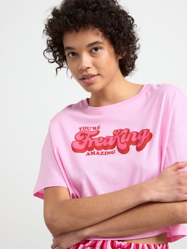 îmbrăcăminte VHZ2F2142 set de pijama cu tricou și pantaloni scurți femei roz deschis Lindex