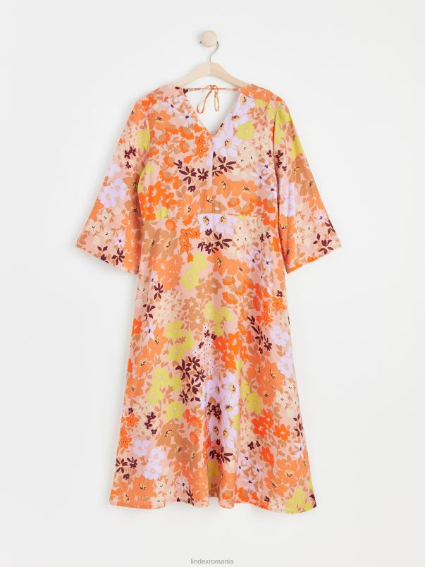 îmbrăcăminte VHZ2F117 rochie midi cu maneci largi si flori femei coral Lindex