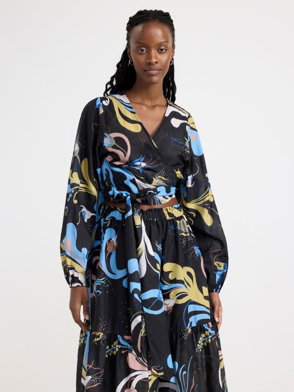 îmbrăcăminte VHZ2F412 bluză cu mâneci bufante cu model femei negru Lindex