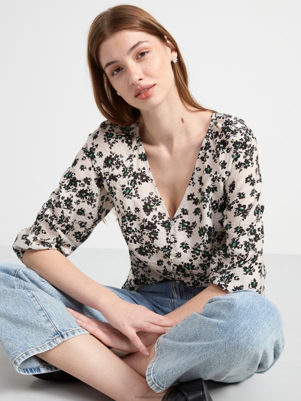 îmbrăcăminte VHZ2F470 bluză cu mâneci largi cu model femei bej deschis Lindex