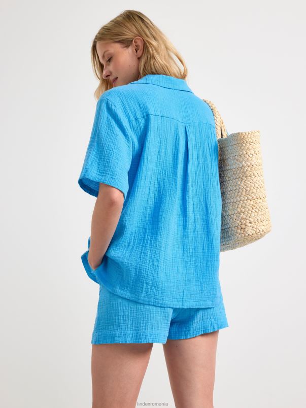 îmbrăcăminte VHZ2F479 cămașă din tifon de bumbac cu mânecă scurtă femei albastru deschis praf Lindex