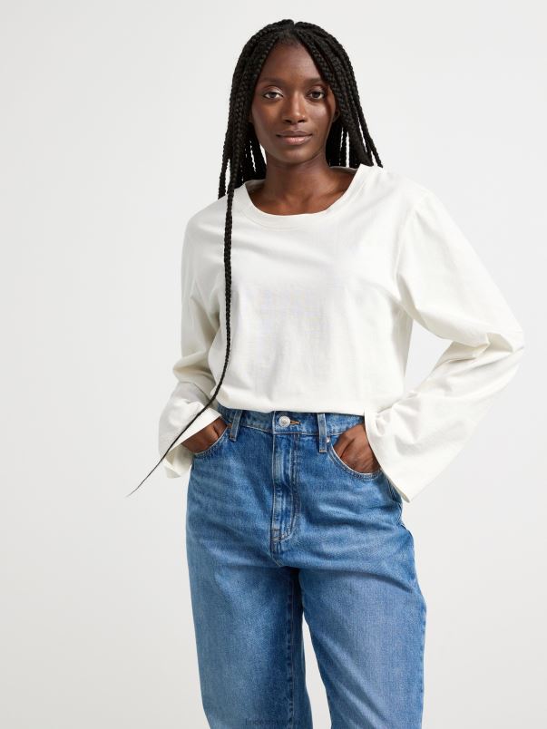 îmbrăcăminte VHZ2F198 top cu maneca lunga din bumbac femei alb praf deschis Lindex