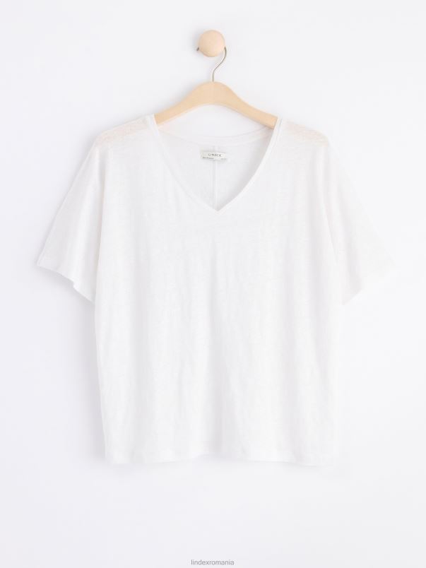 îmbrăcăminte VHZ2F327 top din in cu maneci scurte cu decolteu in V femei alb Lindex
