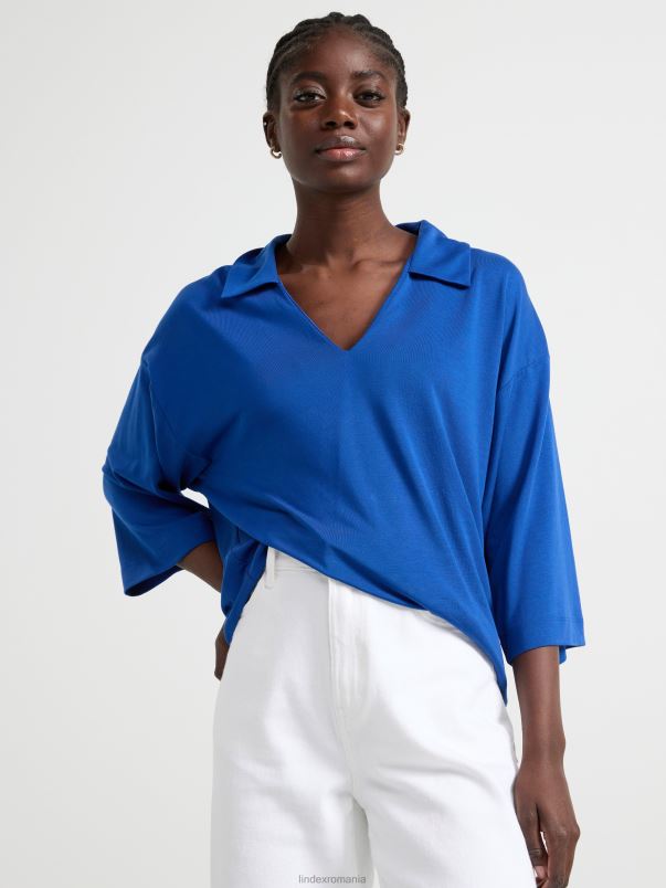 îmbrăcăminte VHZ2F349 top cu mânecă scurtă cu decolteu în V femei albastru Lindex